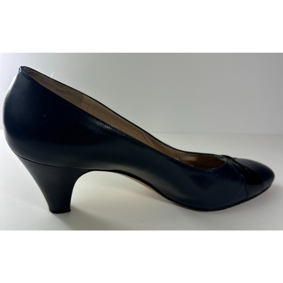 Salvatore Ferragamo Heels Black & Blue Pumps Leather Round Toe Shoe Size 9B 9 - Picture 10 of 16
